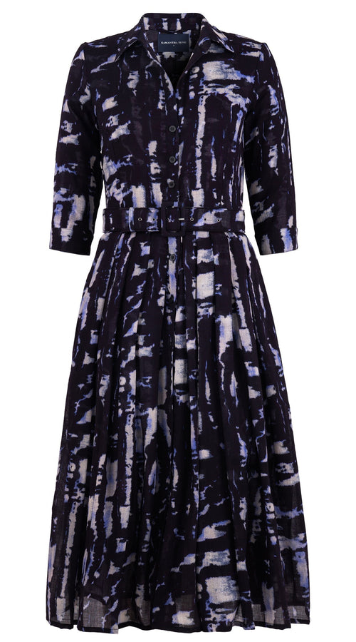 Audrey Dress #4 Shirt Collar 3/4 Sleeve Midi Length Wool (Viper Zebra) - Midnight Blue