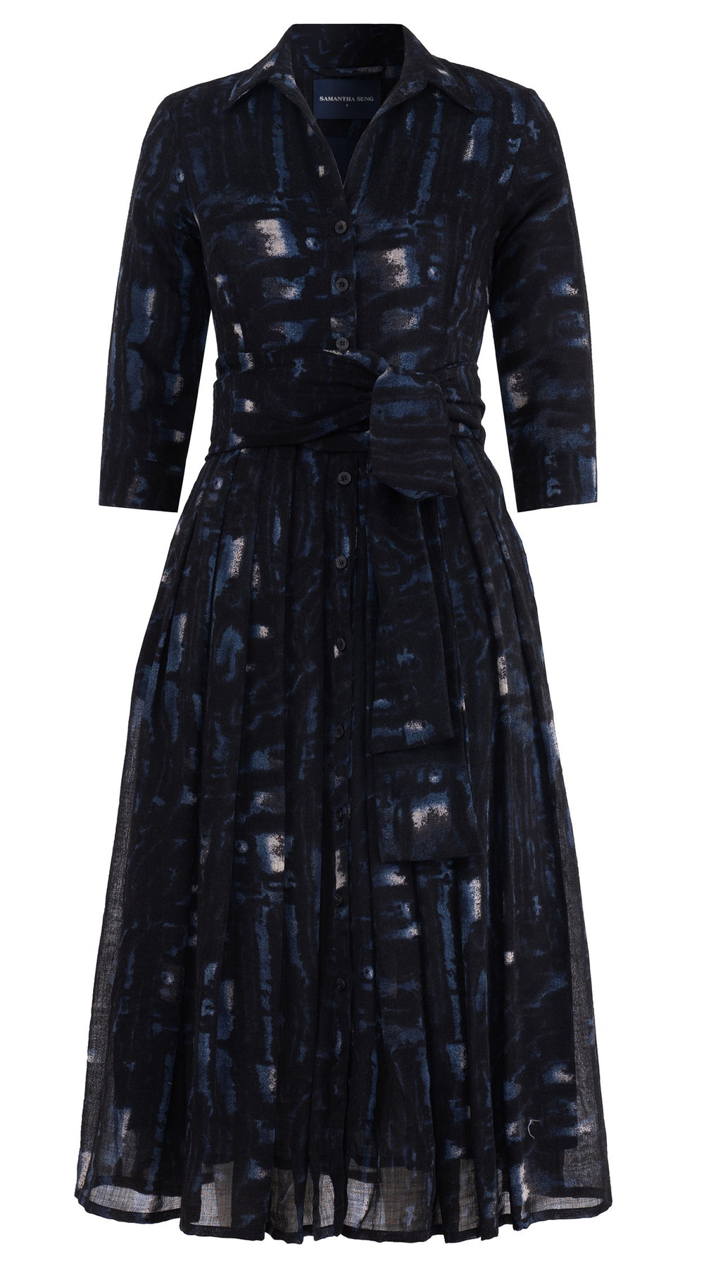 Audrey Dress #4 Shirt Collar 3/4 Sleeve Midi Length Wool (Viper Zebra) - Midnight Blue