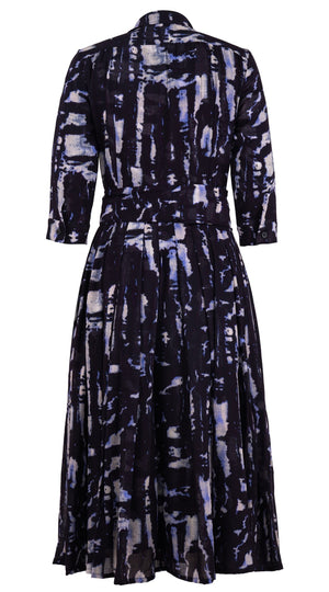 Audrey Dress #4 Shirt Collar 3/4 Sleeve Midi Length Wool (Viper Zebra) - Midnight Blue