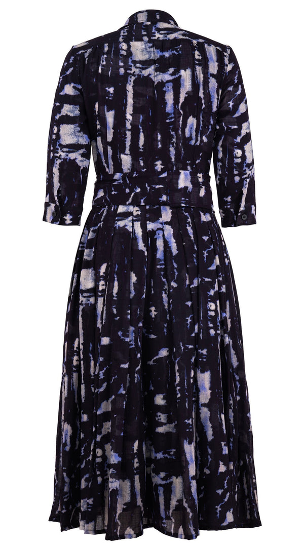 Audrey Dress #4 Shirt Collar 3/4 Sleeve Midi Length Wool (Viper Zebra) - Midnight Blue
