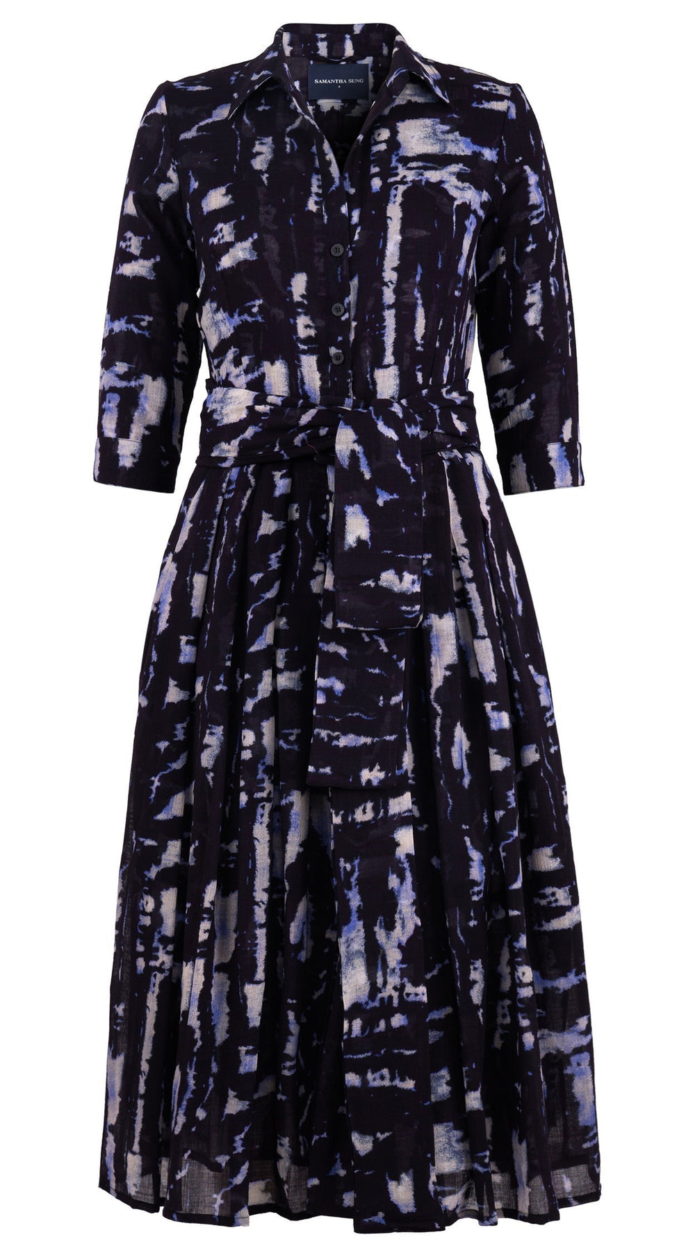 Audrey Dress #4 Shirt Collar 3/4 Sleeve Midi Length Wool (Viper Zebra) - Midnight Blue
