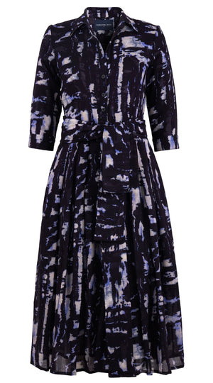 Audrey Dress #4 Shirt Collar 3/4 Sleeve Midi Length Wool (Viper Zebra) - Midnight Blue