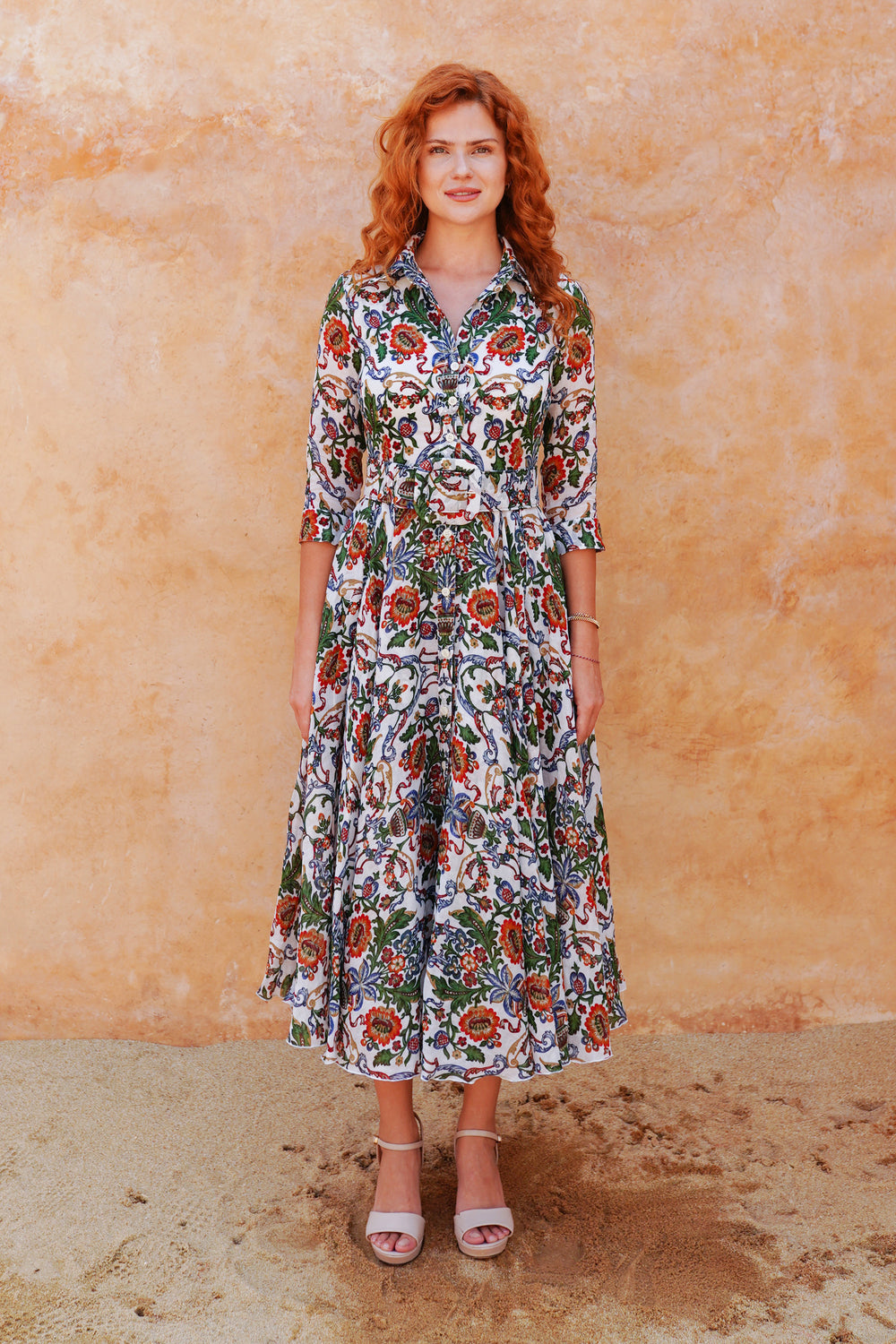 Aster Dress Shirt Collar 3/4 Sleeve Midi Plus Length Cotton Musola (Vittoriale)