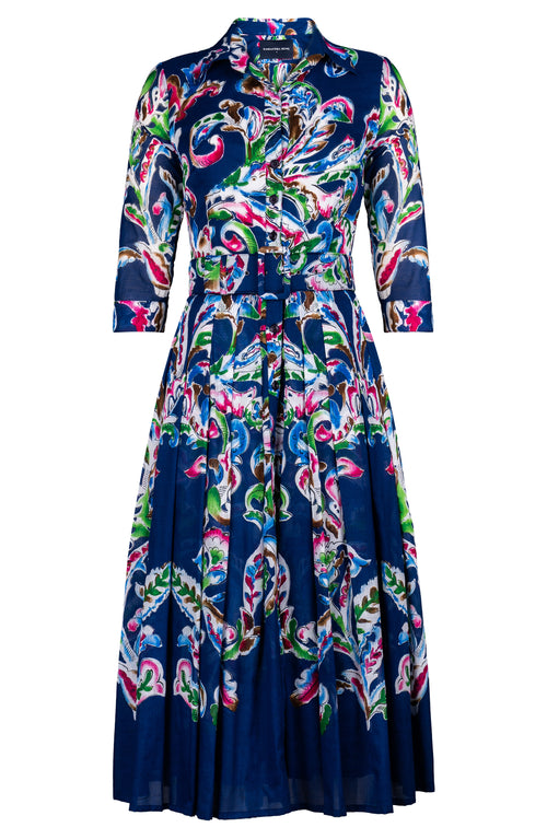 Audrey Dress #4 Shirt Collar 3/4 Sleeve Midi Length Cotton Musola (Watercolor Arabesque)