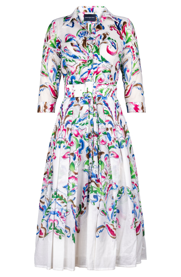 Audrey Dress #4 Shirt Collar 3/4 Sleeve Midi Length Cotton Musola (Watercolor Arabesque)