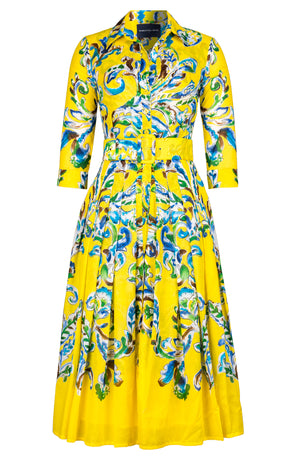 Audrey Dress #4 Shirt Collar 3/4 Sleeve Midi Length Cotton Musola (Watercolor Arabesque)