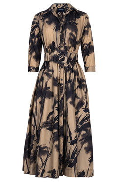 Terry Dress Shirt Collar 3/4 Sleeve Midi Plus Length Poliamide Taffta (Watercolor Bamboo)