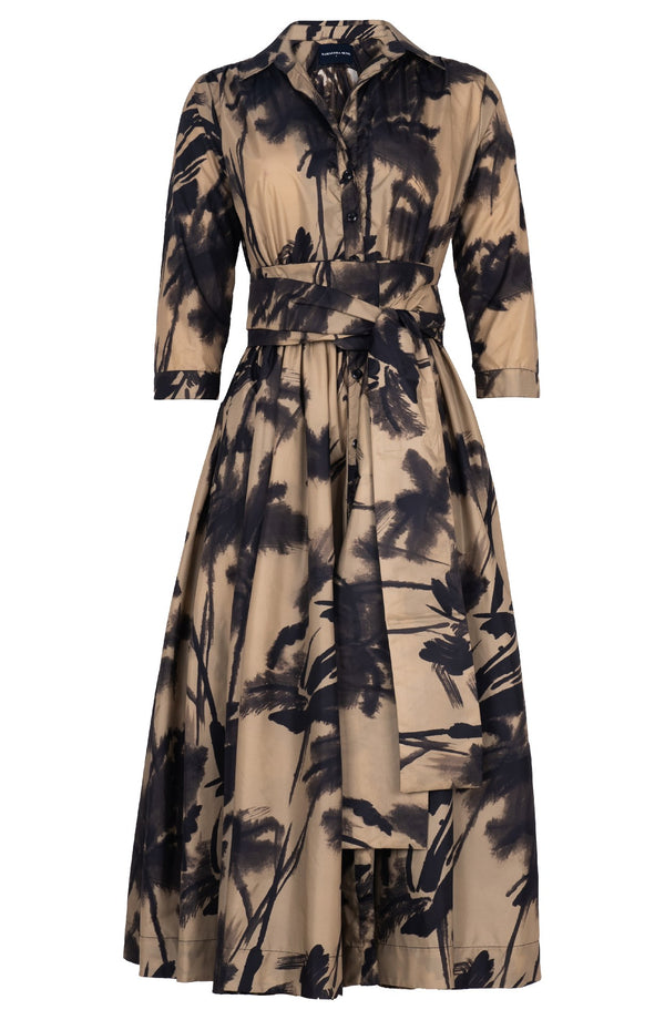 Terry Dress Shirt Collar 3/4 Sleeve Midi Plus Length Poliamide Taffta (Watercolor Bamboo)