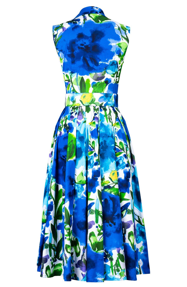 Laurent Dress Shirt Collar Sleeveless Midi Length Cotton Stretch (Watercolor Bloom)