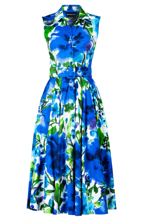 Laurent Dress Shirt Collar Sleeveless Midi Length Cotton Stretch (Watercolor Bloom)