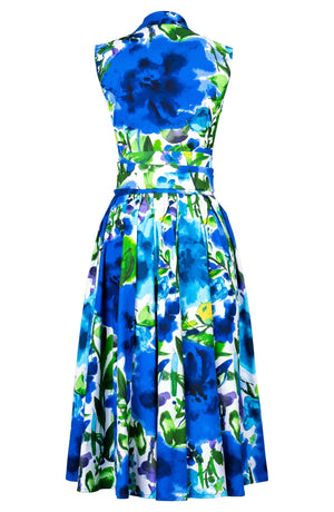 Laurent Dress Shirt Collar Sleeveless Midi Length Cotton Stretch (Watercolor Bloom)