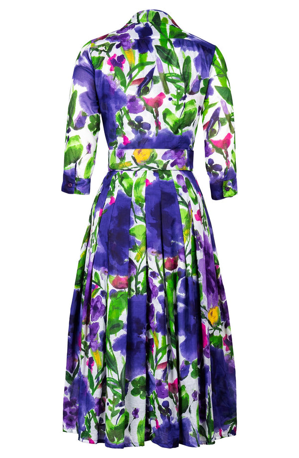 Audrey Dress #4 Shirt Collar 3/4 Sleeve Midi Length Cotton Musola (Watercolor Bloom)