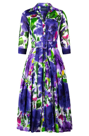 Audrey Dress #4 Shirt Collar 3/4 Sleeve Midi Length Cotton Musola (Watercolor Bloom)