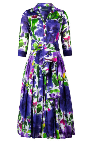 Audrey Dress #4 Shirt Collar 3/4 Sleeve Midi Length Cotton Musola (Watercolor Bloom)