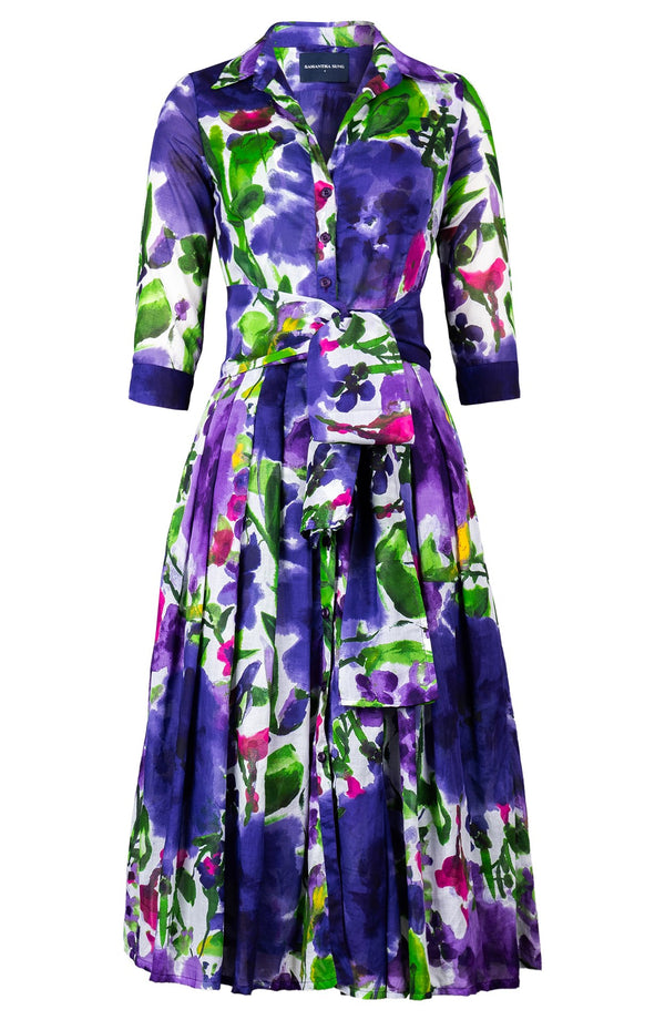 Audrey Dress #4 Shirt Collar 3/4 Sleeve Midi Length Cotton Musola (Watercolor Bloom)