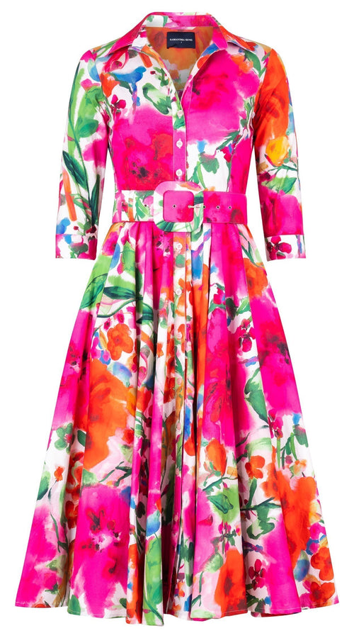 Gigi Dress Shirt Collar 3/4 Sleeve Midi Length Cotton Stretch (Watercolor Bloom)