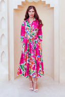 Aster Dress Shirt Collar 3/4 Sleeve Midi Length Cotton Lawn (Watercolor Bloom)