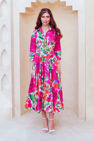 Aster Dress Shirt Collar 3/4 Sleeve Midi Length Cotton Lawn (Watercolor Bloom)