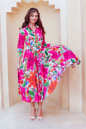 Aster Dress Shirt Collar 3/4 Sleeve Midi Length Cotton Lawn (Watercolor Bloom)