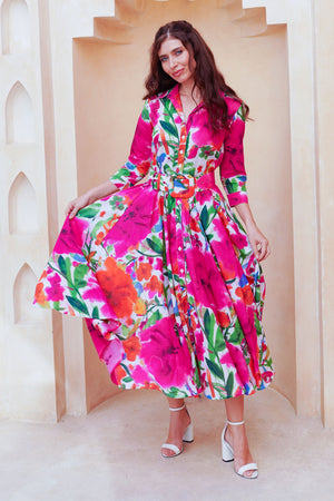 Aster Dress Shirt Collar 3/4 Sleeve Midi Length Cotton Lawn (Watercolor Bloom)