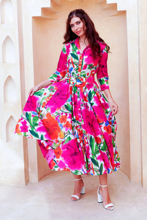 Aster Dress Shirt Collar 3/4 Sleeve Midi Length Cotton Lawn (Watercolor Bloom)