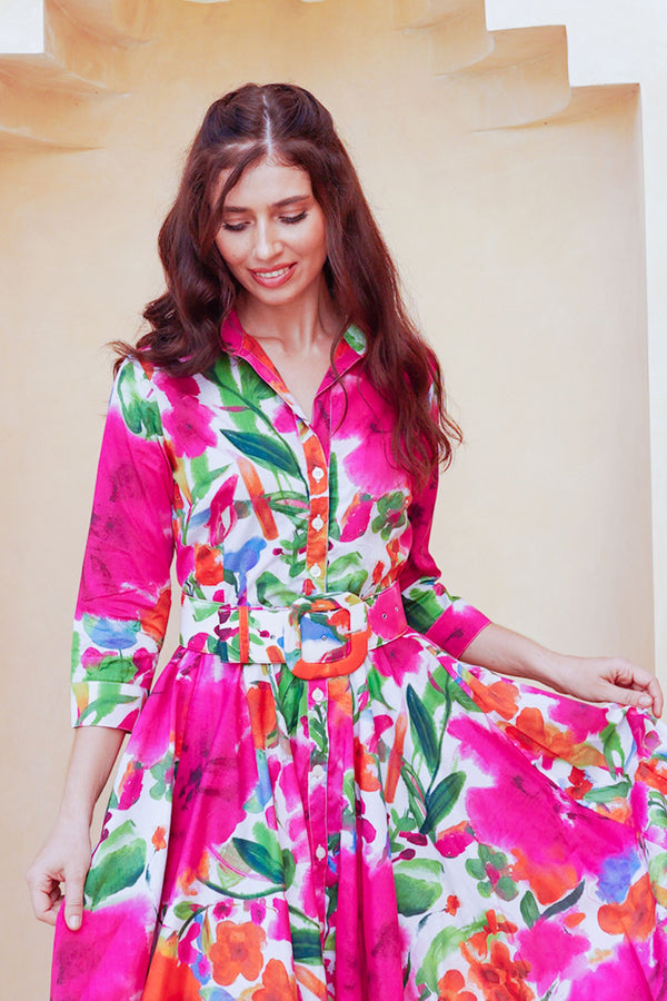 Aster Dress Shirt Collar 3/4 Sleeve Midi Length Cotton Lawn (Watercolor Bloom)