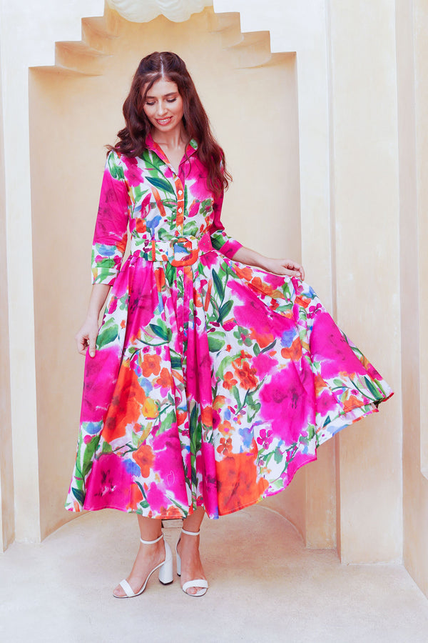 Aster Dress Shirt Collar 3/4 Sleeve Midi Length Cotton Lawn (Watercolor Bloom)