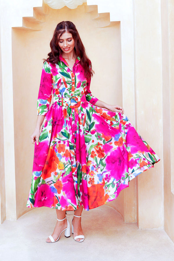 Aster Dress Shirt Collar 3/4 Sleeve Midi Length Cotton Lawn (Watercolor Bloom)