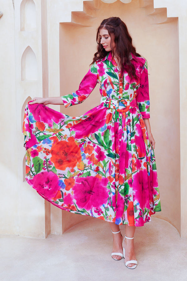 Aster Dress Shirt Collar 3/4 Sleeve Midi Length Cotton Lawn (Watercolor Bloom)