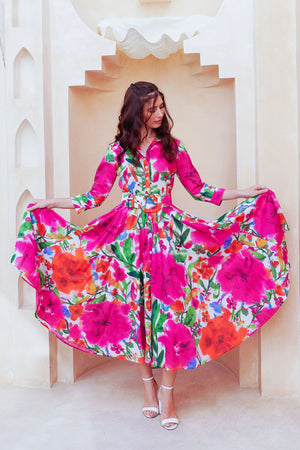 Aster Dress Shirt Collar 3/4 Sleeve Midi Length Cotton Lawn (Watercolor Bloom)