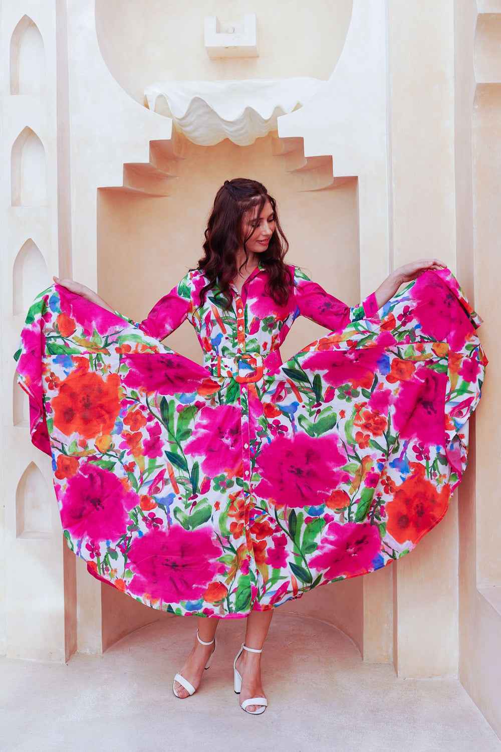 Aster Dress Shirt Collar 3/4 Sleeve Midi Length Cotton Lawn (Watercolor Bloom)