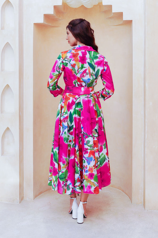 Aster Dress Shirt Collar 3/4 Sleeve Midi Length Cotton Lawn (Watercolor Bloom)