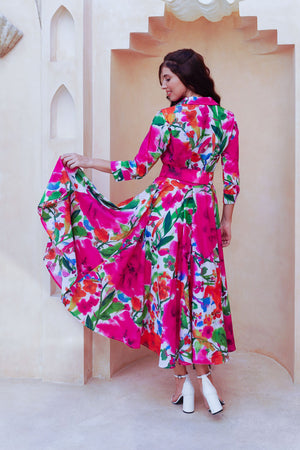 Aster Dress Shirt Collar 3/4 Sleeve Midi Length Cotton Lawn (Watercolor Bloom)