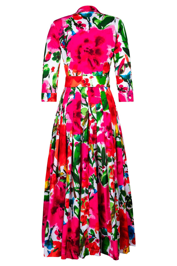 Audrey Dress #2 Shirt Collar 3/4 Sleeve Ankle Length Cotton Stretch (Watercolor Bloom)