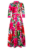 Audrey Dress #2 Shirt Collar 3/4 Sleeve Ankle Length Cotton Stretch (Watercolor Bloom)