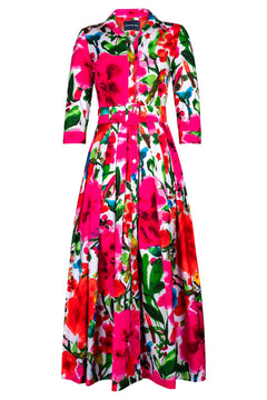 Audrey Dress #2 Shirt Collar 3/4 Sleeve Ankle Length Cotton Stretch (Watercolor Bloom)