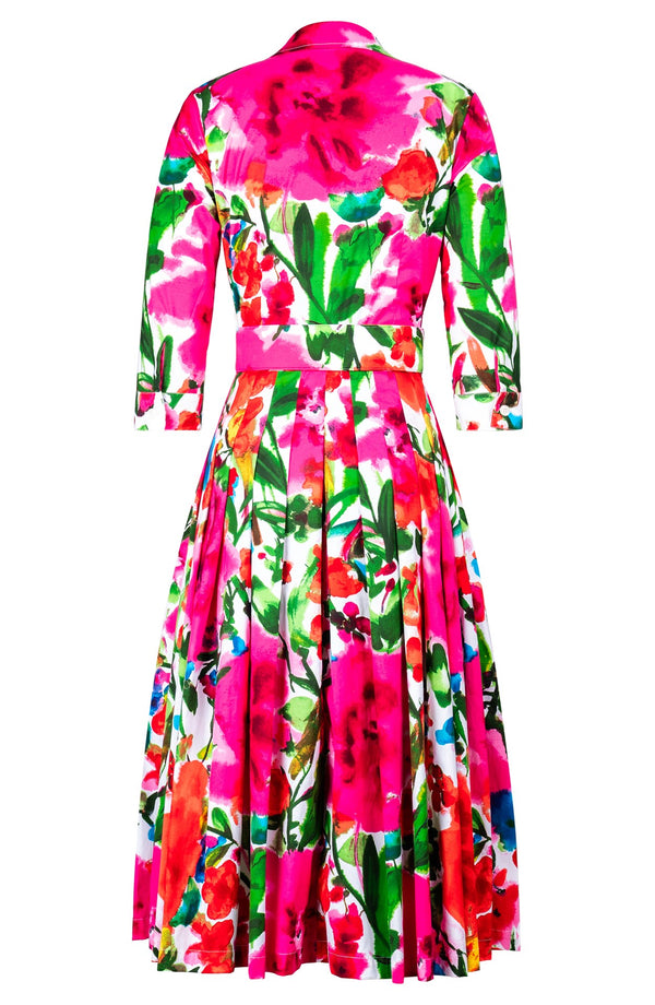 Audrey Dress #2 Shirt Collar 3/4 Sleeve Midi Length Cotton Stretch (Watercolor Bloom)