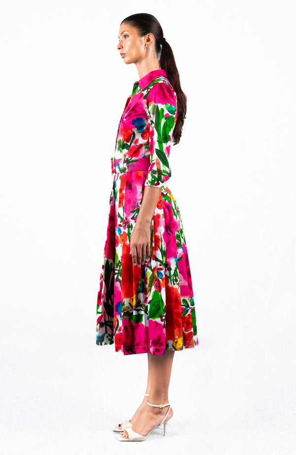 Audrey Dress #2 Shirt Collar 3/4 Sleeve Midi Length Cotton Stretch (Watercolor Bloom)