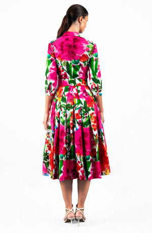 Audrey Dress #2 Shirt Collar 3/4 Sleeve Midi Length Cotton Stretch (Watercolor Bloom)