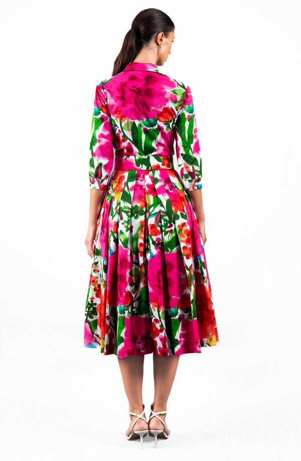 Audrey Dress #2 Shirt Collar 3/4 Sleeve Midi Length Cotton Stretch (Watercolor Bloom)