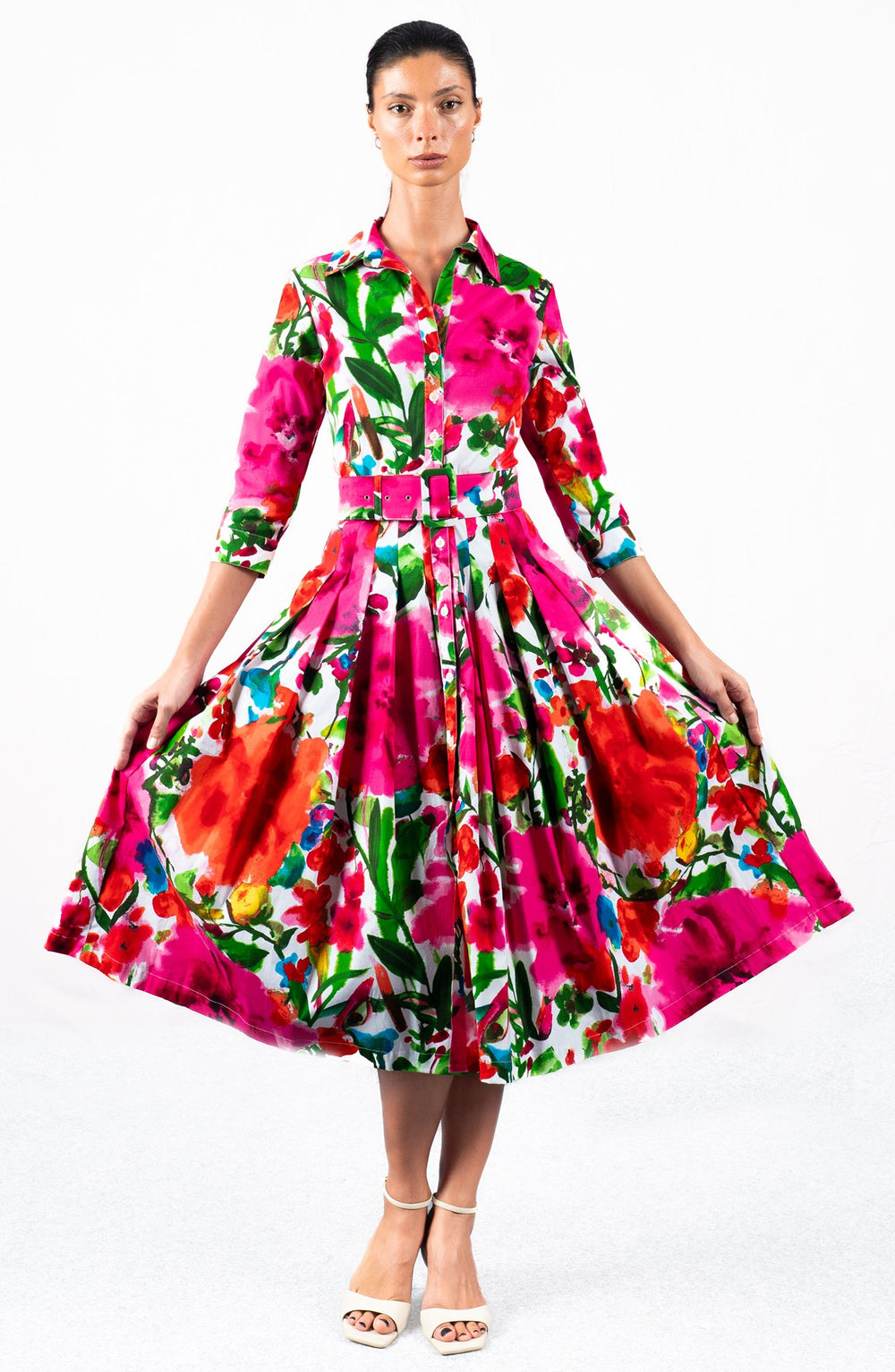 Audrey Dress #2 Shirt Collar 3/4 Sleeve Midi Length Cotton Stretch (Watercolor Bloom)
