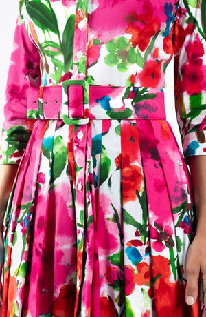 Audrey Dress #2 Shirt Collar 3/4 Sleeve Midi Length Cotton Stretch (Watercolor Bloom)