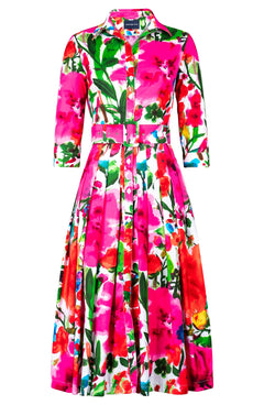 Audrey Dress #2 Shirt Collar 3/4 Sleeve Midi Length Cotton Stretch (Watercolor Bloom)