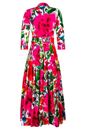 Audrey Dress #2 Shirt Collar 3/4 Sleeve Ankle Length Cotton Stretch (Watercolor Bloom)