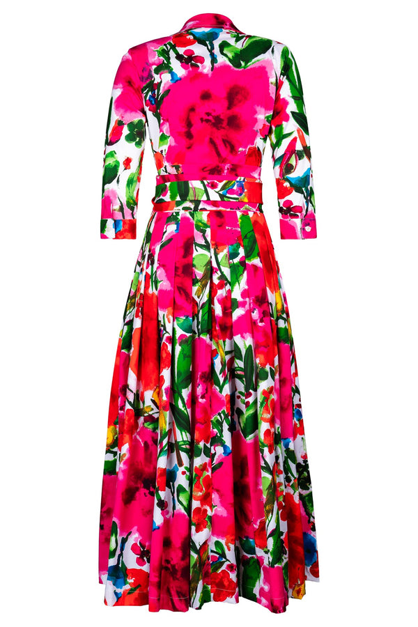 Audrey Dress #2 Shirt Collar 3/4 Sleeve Ankle Length Cotton Stretch (Watercolor Bloom)
