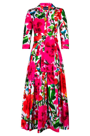 Audrey Dress #2 Shirt Collar 3/4 Sleeve Ankle Length Cotton Stretch (Watercolor Bloom)