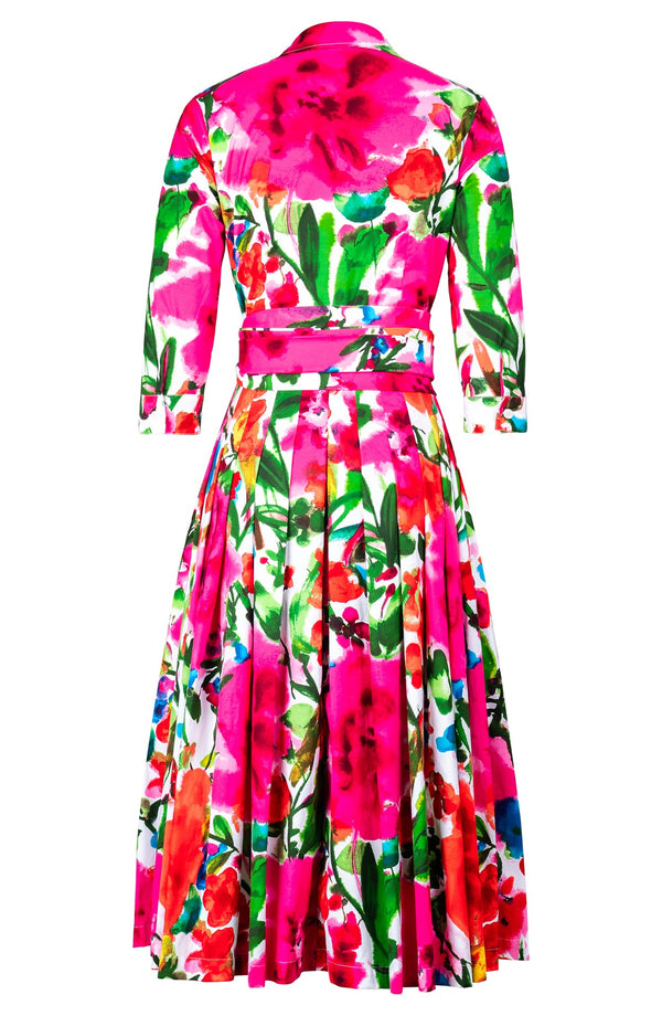 Audrey Dress #2 Shirt Collar 3/4 Sleeve Midi Length Cotton Stretch (Watercolor Bloom)