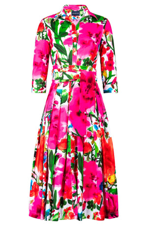 Audrey Dress #2 Shirt Collar 3/4 Sleeve Midi Length Cotton Stretch (Watercolor Bloom)