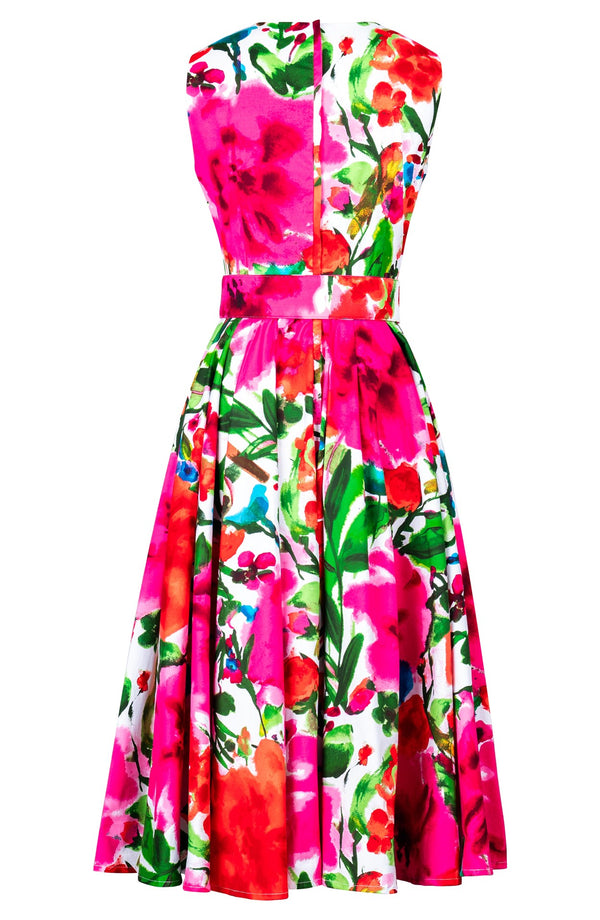 Abelia Dress Crew Neck Sleeveless Midi Length Cotton Stretch (Watercolor Bloom)