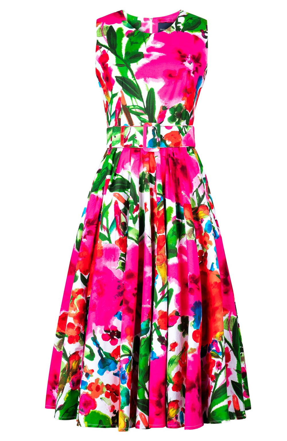 Abelia Dress Crew Neck Sleeveless Midi Length Cotton Stretch (Watercolor Bloom)